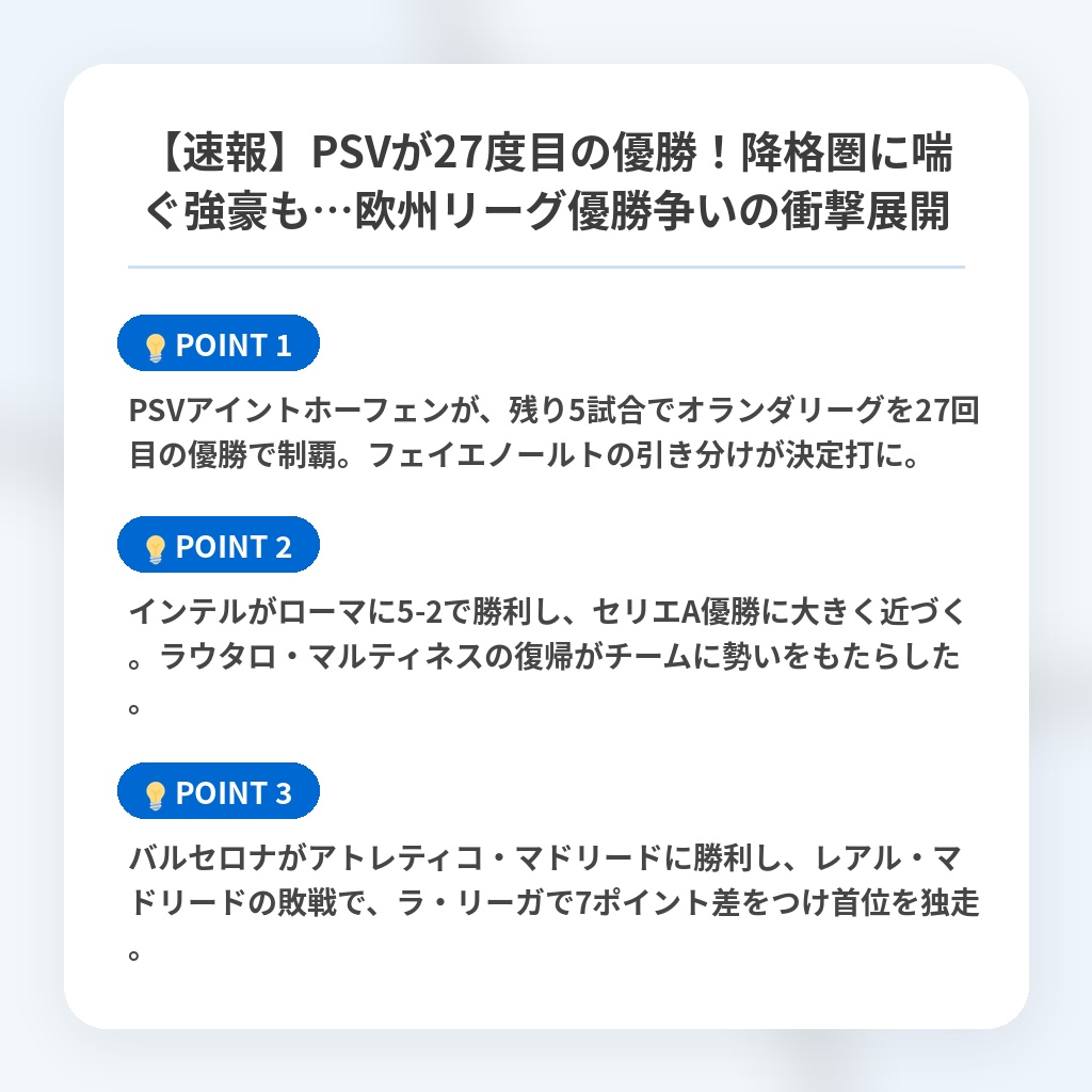 【速報】PSVが27度目の優勝！降格圏に喘ぐ強豪も…欧州リーグ優勝争いの衝撃展開の注目ポイントまとめ