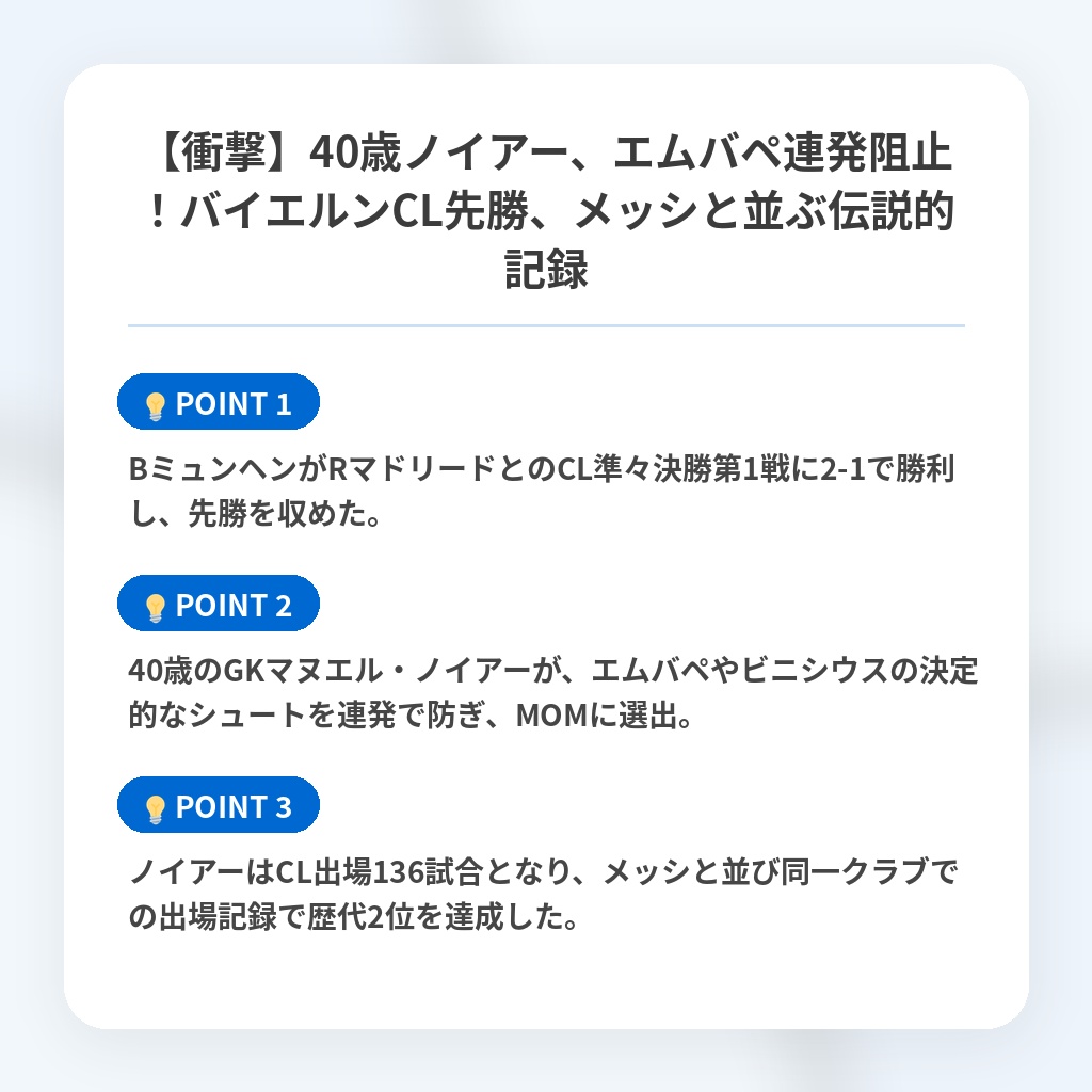 【衝撃】40歳ノイアー、エムバペ連発阻止！バイエルンCL先勝、メッシと並ぶ伝説的記録の注目ポイントまとめ