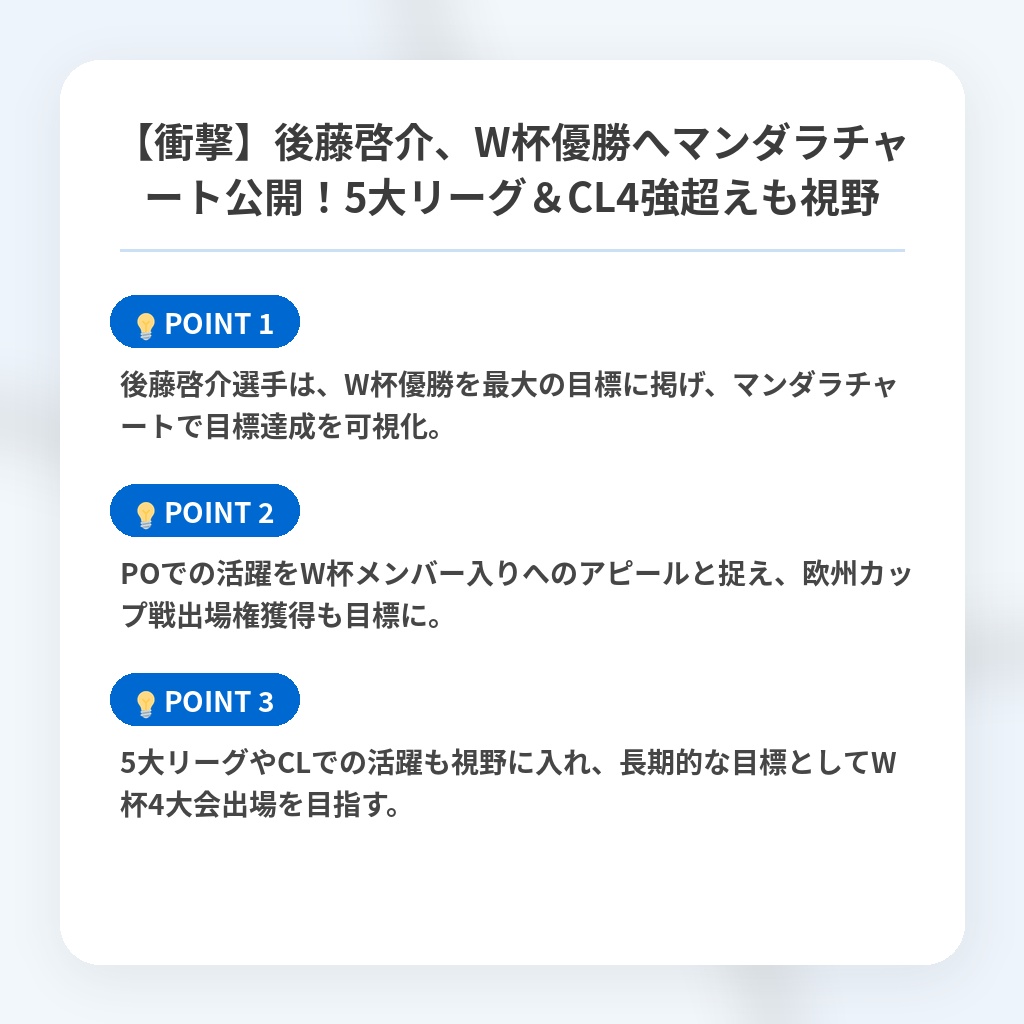 【衝撃】後藤啓介、W杯優勝へマンダラチャート公開！5大リーグ＆CL4強超えも視野の注目ポイントまとめ