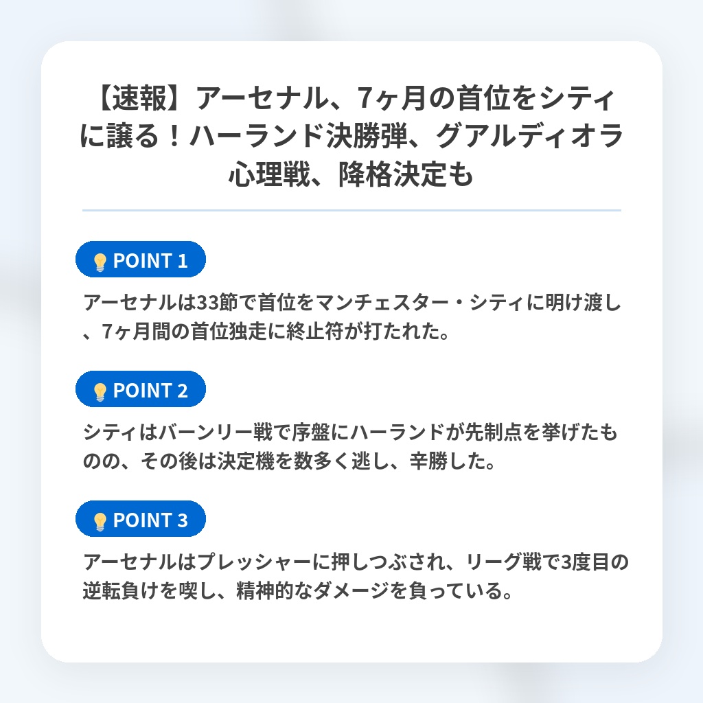 【速報】アーセナル、7ヶ月の首位をシティに譲る！ハーランド決勝弾、グアルディオラ心理戦、降格決定もの注目ポイントまとめ