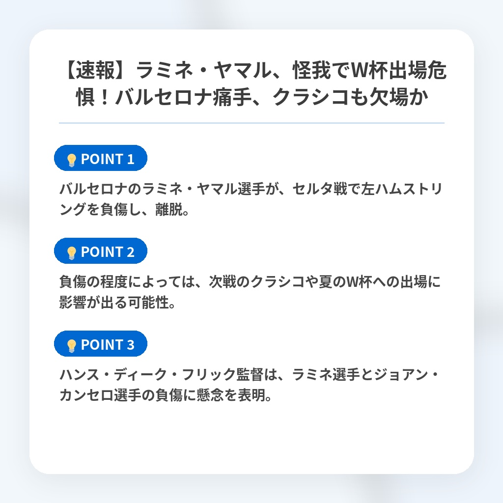 【速報】ラミネ・ヤマル、怪我でW杯出場危惧！バルセロナ痛手、クラシコも欠場かの注目ポイントまとめ