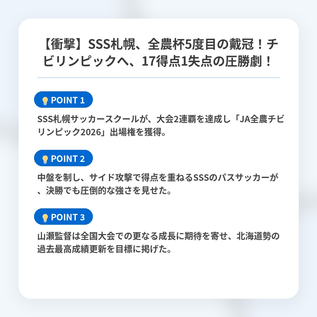 【衝撃】SSS札幌、全農杯5度目の戴冠！チビリンピックへ、17得点1失点の圧勝劇！の注目ポイントまとめ