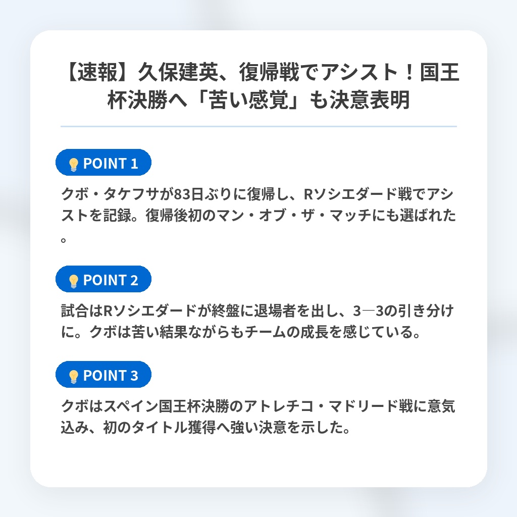 【速報】久保建英、復帰戦でアシスト！国王杯決勝へ「苦い感覚」も決意表明の注目ポイントまとめ