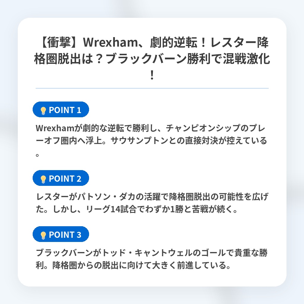 【衝撃】Wrexham、劇的逆転！レスター降格圏脱出は？ブラックバーン勝利で混戦激化！の注目ポイントまとめ