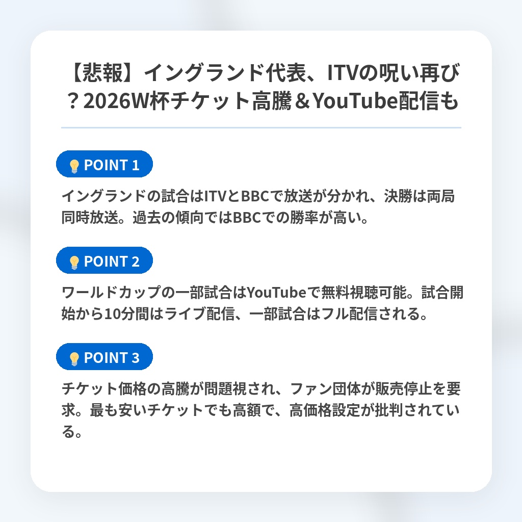 【悲報】イングランド代表、ITVの呪い再び?2026W杯チケット高騰&YouTube配信もの注目ポイントまとめ