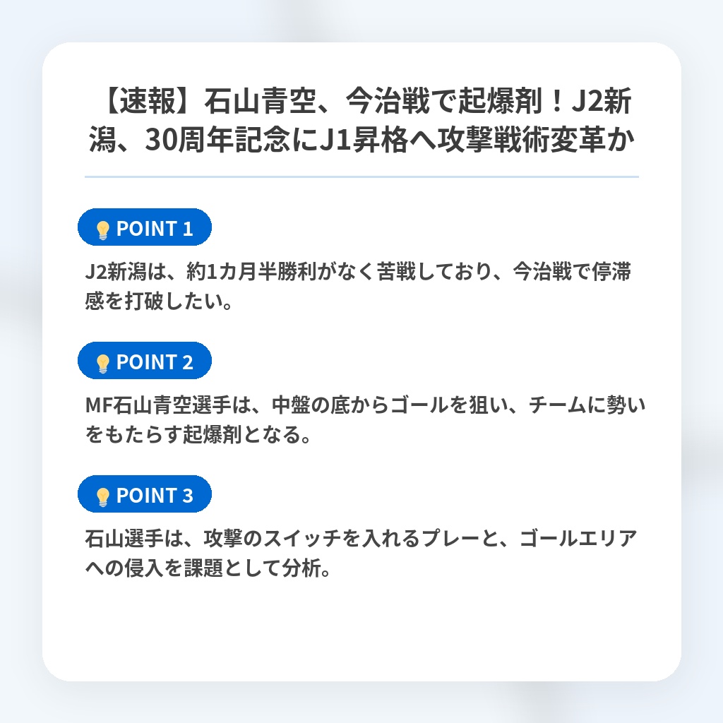 【速報】石山青空、今治戦で起爆剤！J2新潟、30周年記念にJ1昇格へ攻撃戦術変革かの注目ポイントまとめ