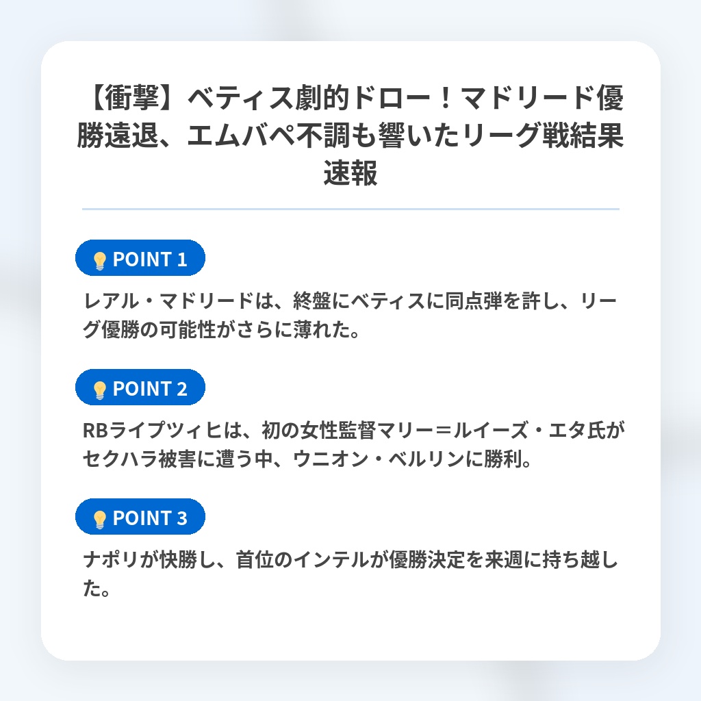 【衝撃】ベティス劇的ドロー！マドリード優勝遠退、エムバペ不調も響いたリーグ戦結果速報の注目ポイントまとめ
