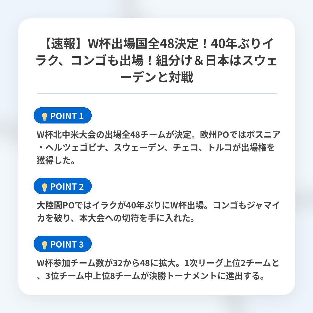 【速報】W杯出場国全48決定!40年ぶりイラク、コンゴも出場!組分け&日本はスウェーデンと対戦の注目ポイントまとめ