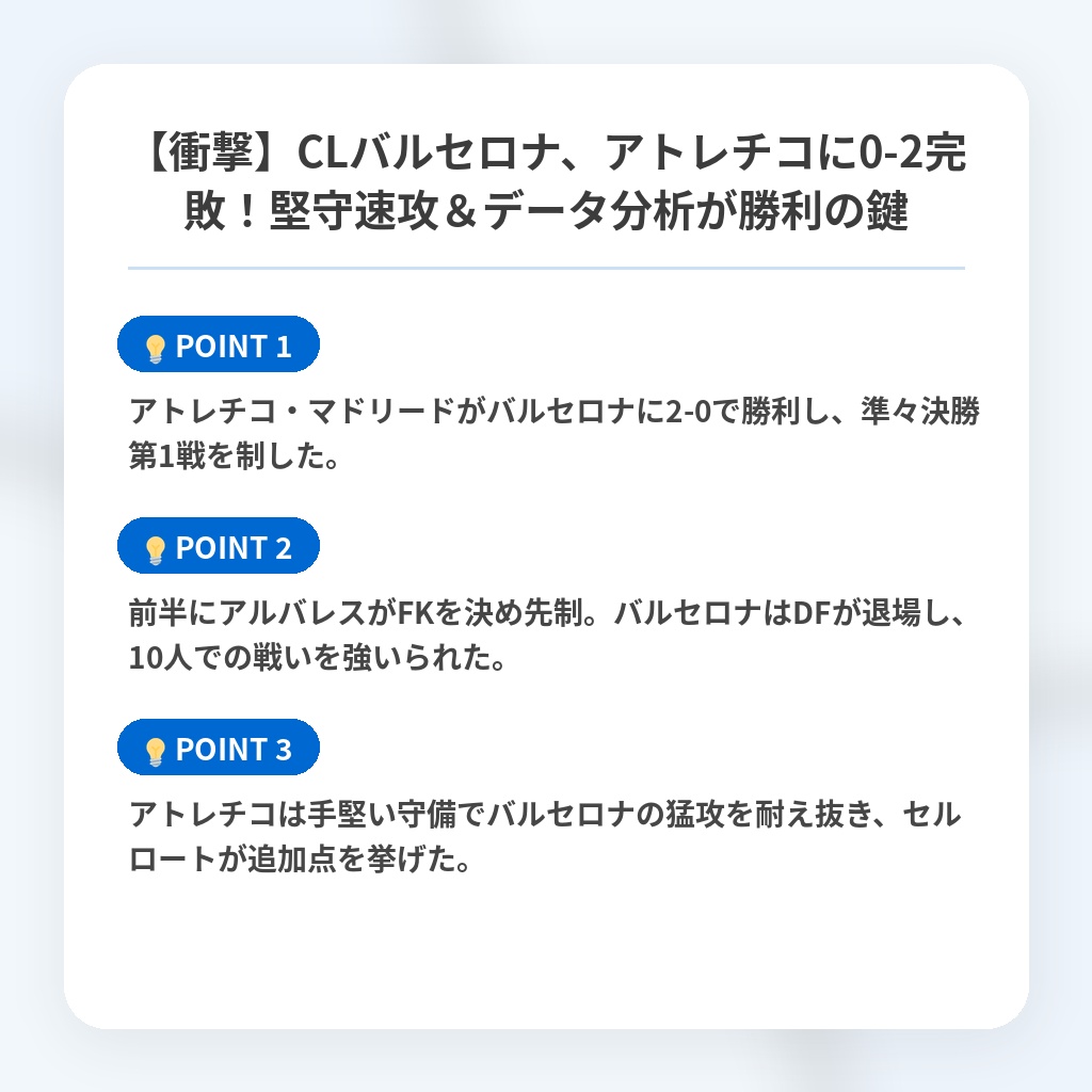 【衝撃】CLバルセロナ、アトレチコに0-2完敗！堅守速攻＆データ分析が勝利の鍵の注目ポイントまとめ