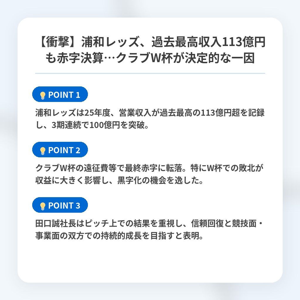 【衝撃】浦和レッズ、過去最高収入113億円も赤字決算…クラブW杯が決定的な一因の注目ポイントまとめ