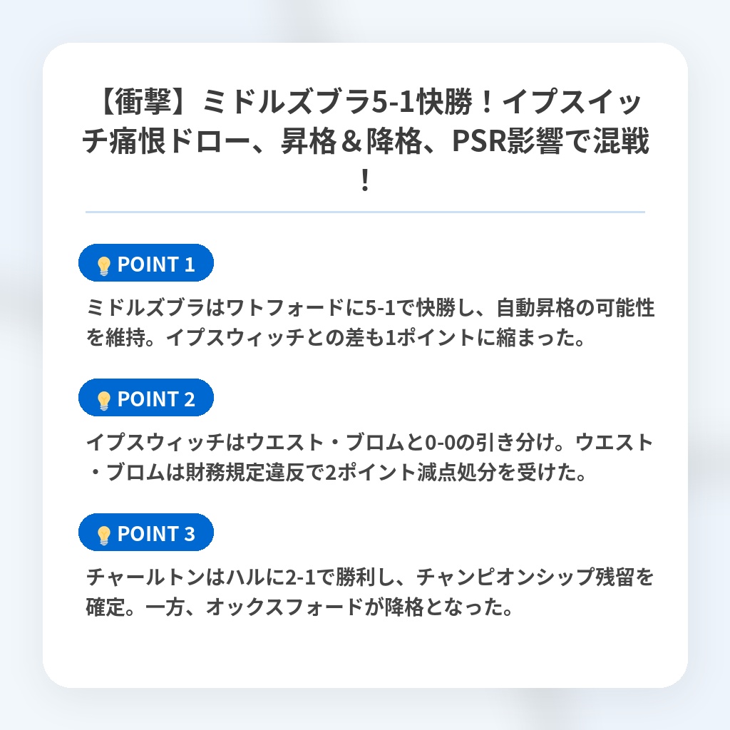 【衝撃】ミドルズブラ5-1快勝！イプスイッチ痛恨ドロー、昇格＆降格、PSR影響で混戦！の注目ポイントまとめ
