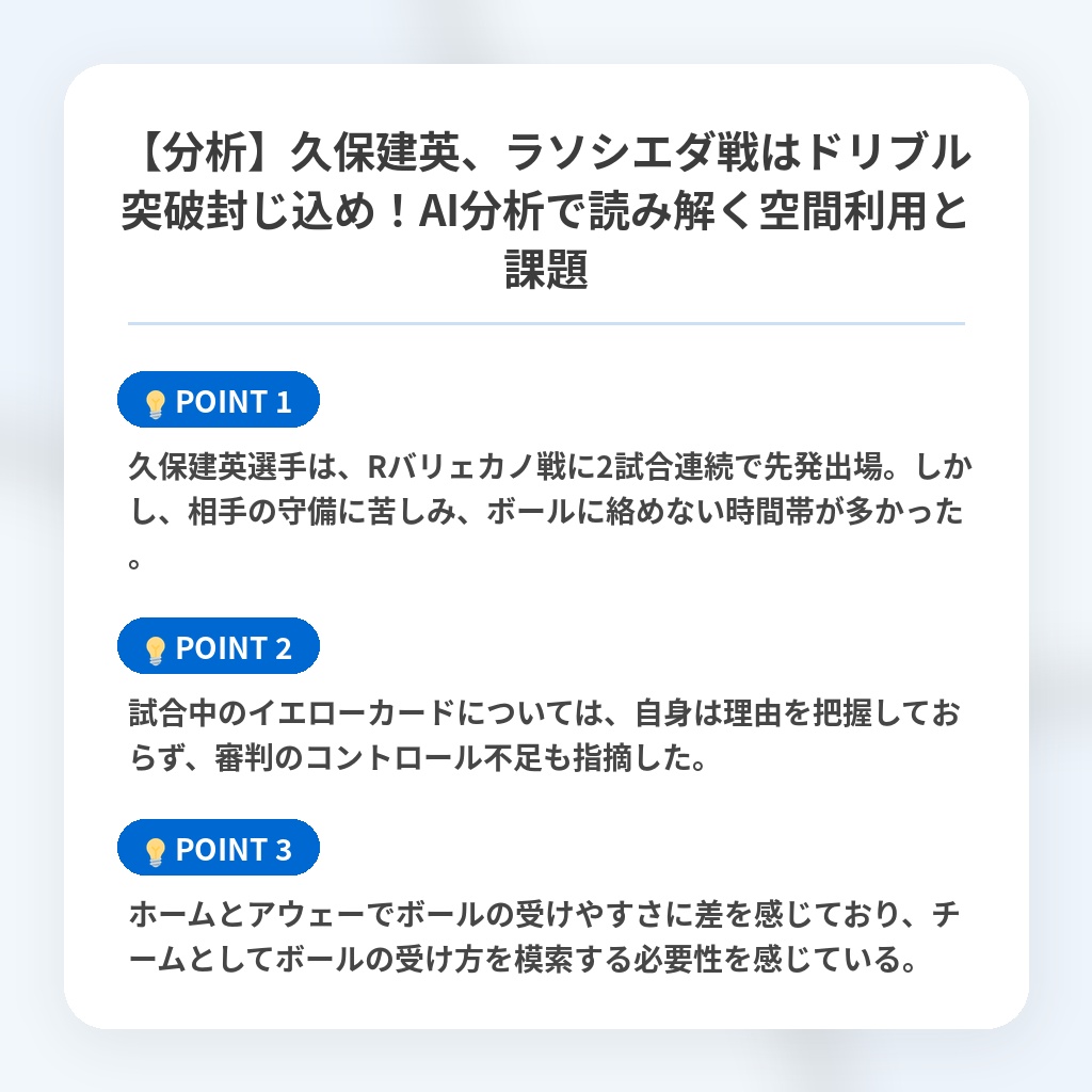 【分析】久保建英、ラソシエダ戦はドリブル突破封じ込め！AI分析で読み解く空間利用と課題の注目ポイントまとめ