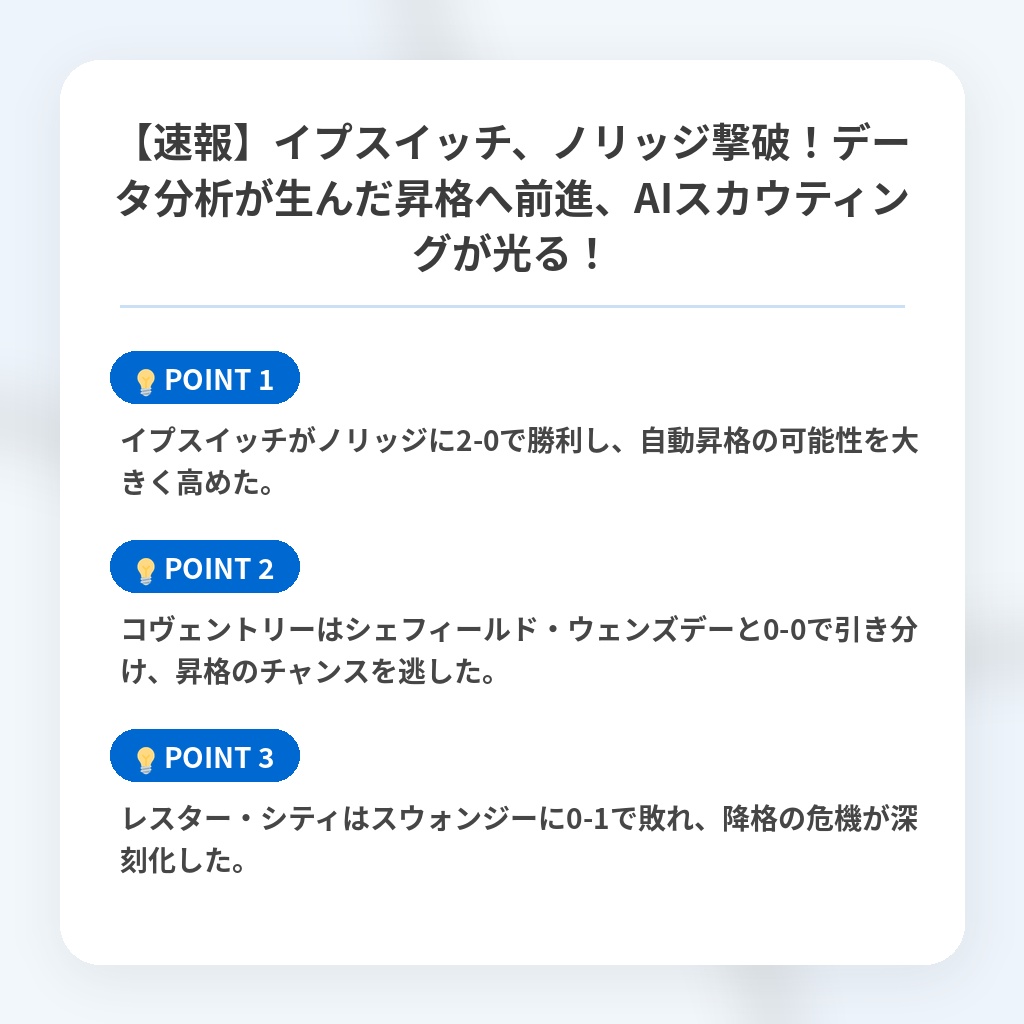 【速報】イプスイッチ、ノリッジ撃破！データ分析が生んだ昇格へ前進、AIスカウティングが光る！の注目ポイントまとめ