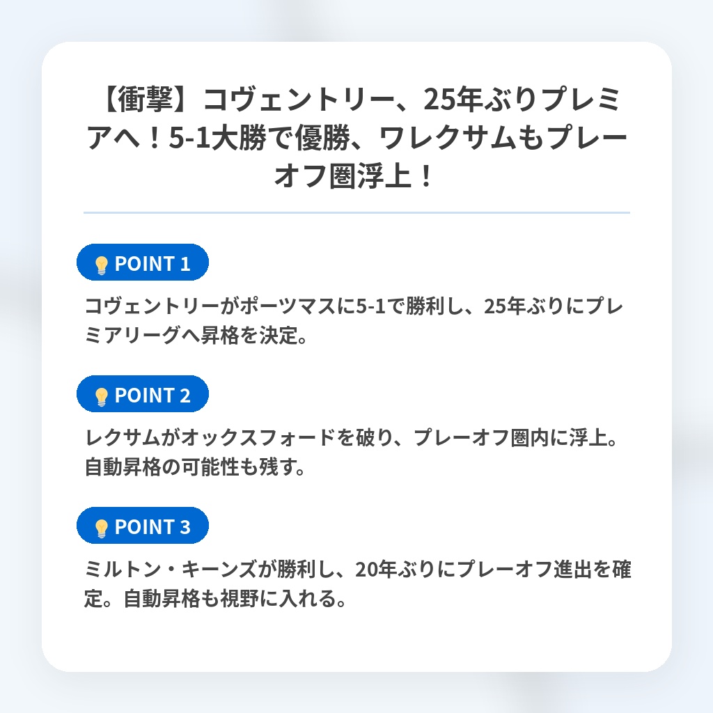 【衝撃】コヴェントリー、25年ぶりプレミアへ！5-1大勝で優勝、ワレクサムもプレーオフ圏浮上！の注目ポイントまとめ