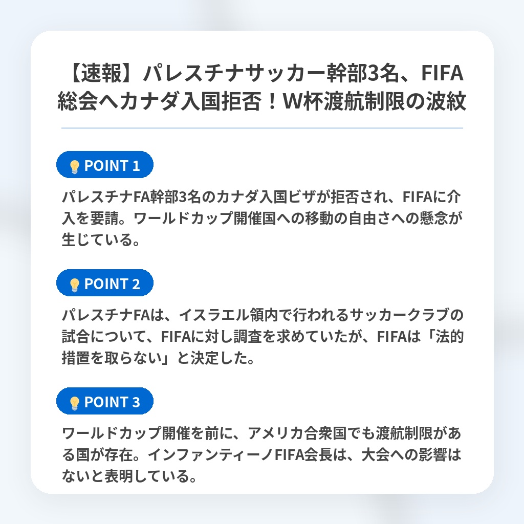 【速報】パレスチナサッカー幹部3名、FIFA総会へカナダ入国拒否！Ｗ杯渡航制限の波紋の注目ポイントまとめ