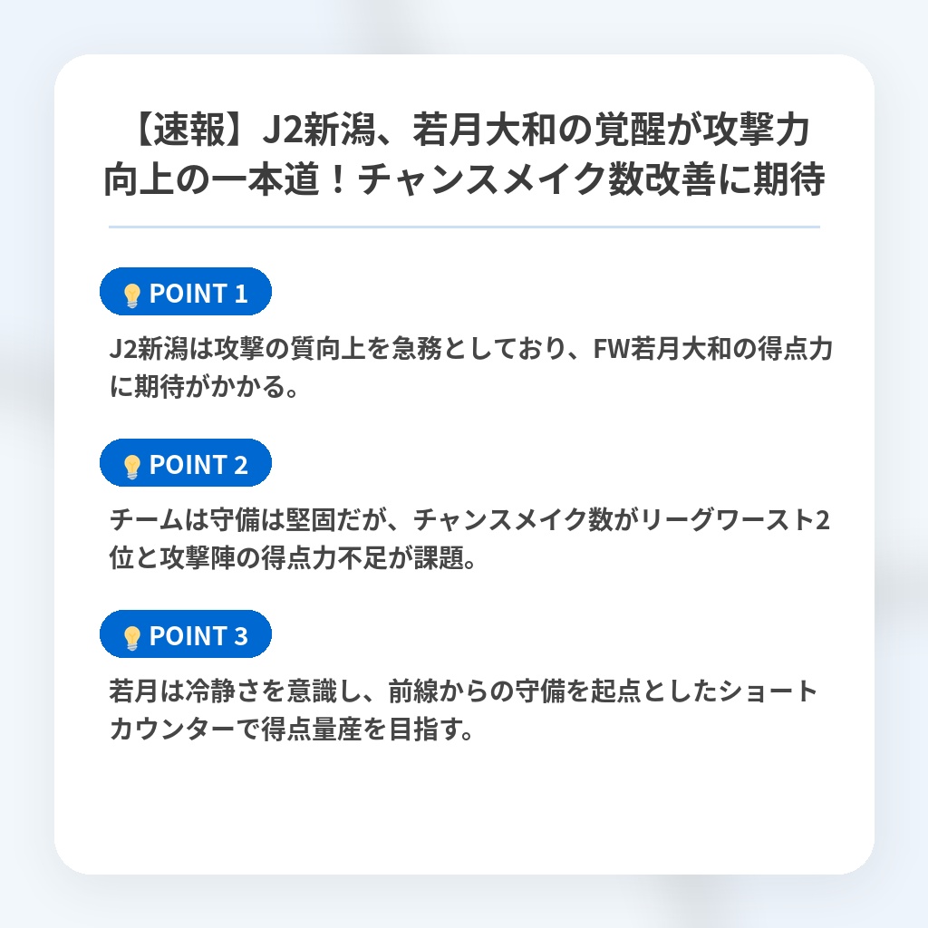 【速報】J2新潟、若月大和の覚醒が攻撃力向上の一本道!チャンスメイク数改善に期待の注目ポイントまとめ