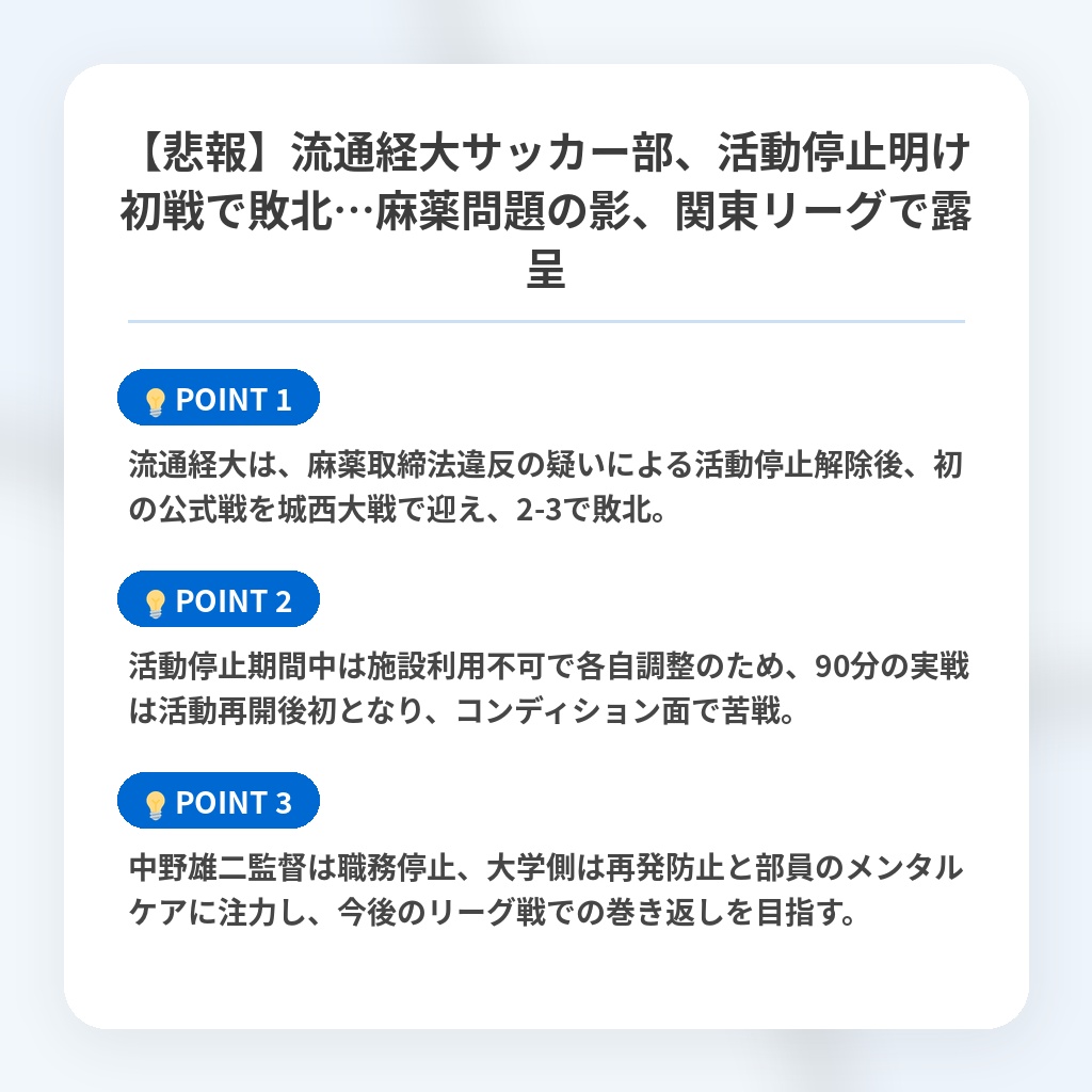 【悲報】流通経大サッカー部、活動停止明け初戦で敗北…麻薬問題の影、関東リーグで露呈の注目ポイントまとめ