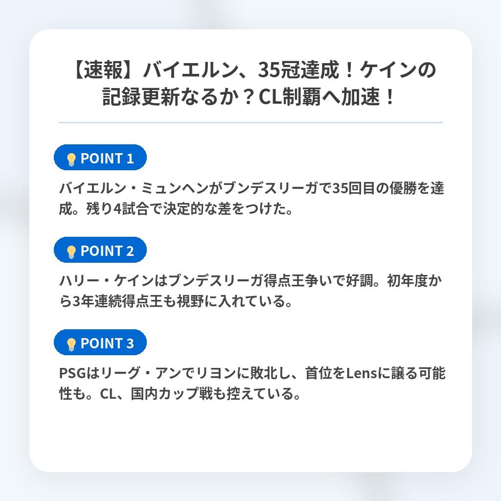【速報】バイエルン、35冠達成！ケインの記録更新なるか？CL制覇へ加速！の注目ポイントまとめ
