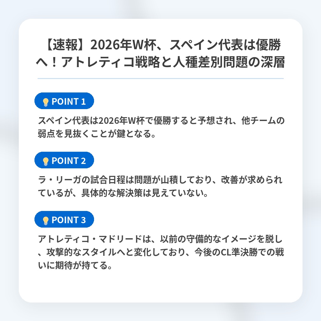 【速報】2026年W杯、スペイン代表は優勝へ！アトレティコ戦略と人種差別問題の深層の注目ポイントまとめ