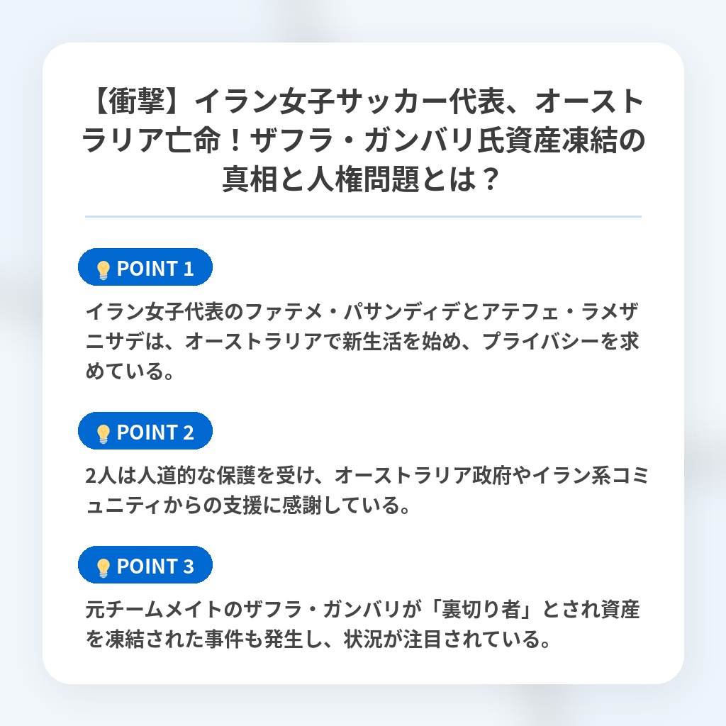 【衝撃】イラン女子サッカー代表、オーストラリア亡命！ザフラ・ガンバリ氏資産凍結の真相と人権問題とは？の注目ポイントまとめ
