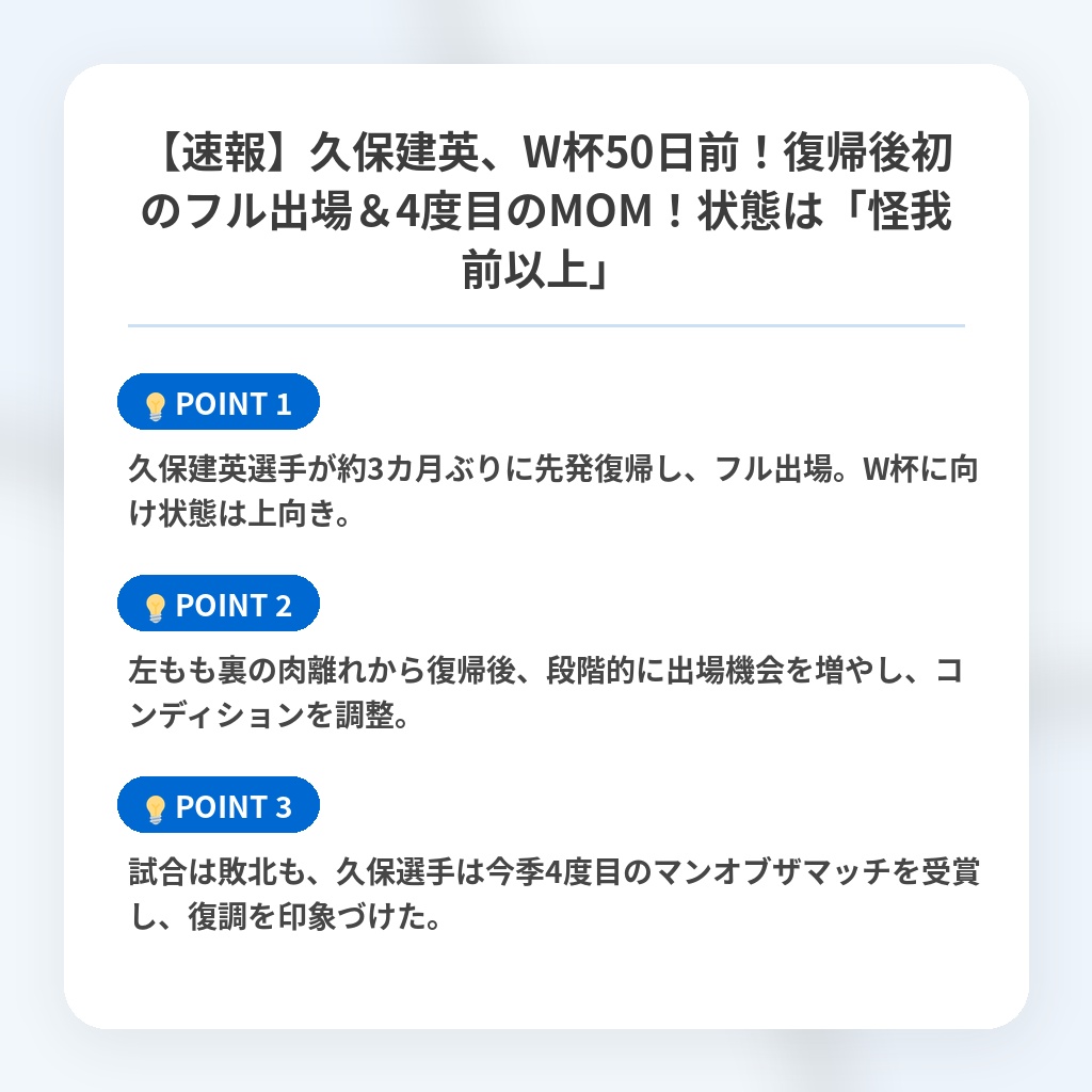 【速報】久保建英、W杯50日前！復帰後初のフル出場＆4度目のMOM！状態は「怪我前以上」の注目ポイントまとめ