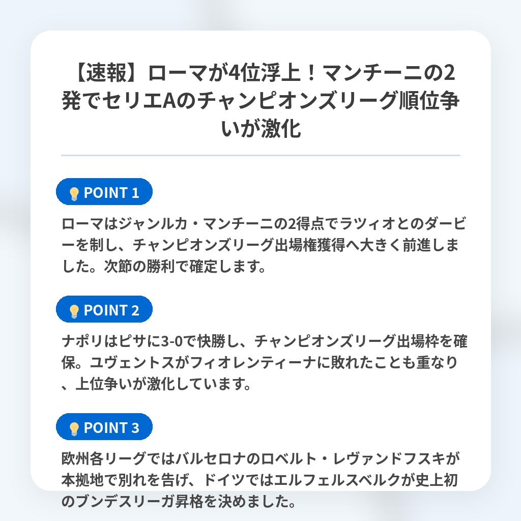 【速報】ローマが4位浮上!マンチーニの2発でセリエAのチャンピオンズリーグ順位争いが激化の注目ポイントまとめ