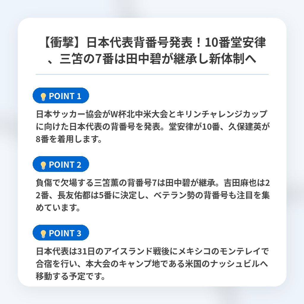 【衝撃】日本代表背番号発表!10番堂安律、三笘の7番は田中碧が継承し新体制への注目ポイントまとめ