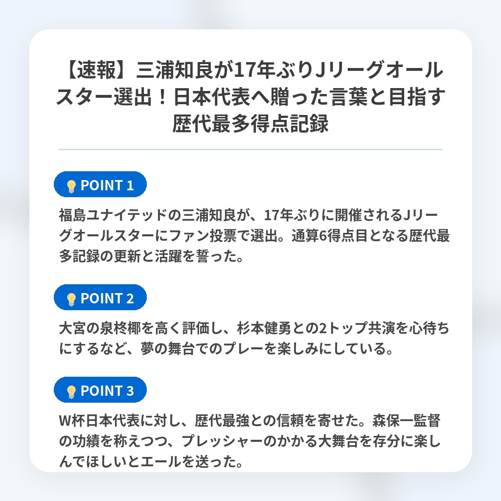 【速報】三浦知良が17年ぶりJリーグオールスター選出！日本代表へ贈った言葉と目指す歴代最多得点記録の注目ポイントまとめ