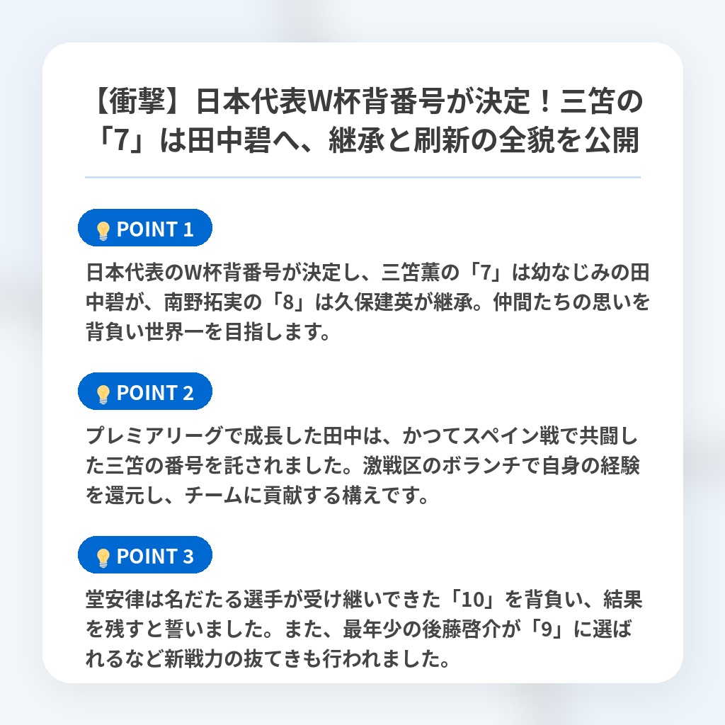【衝撃】日本代表W杯背番号が決定!三笘の「7」は田中碧へ、継承と刷新の全貌を公開の注目ポイントまとめ
