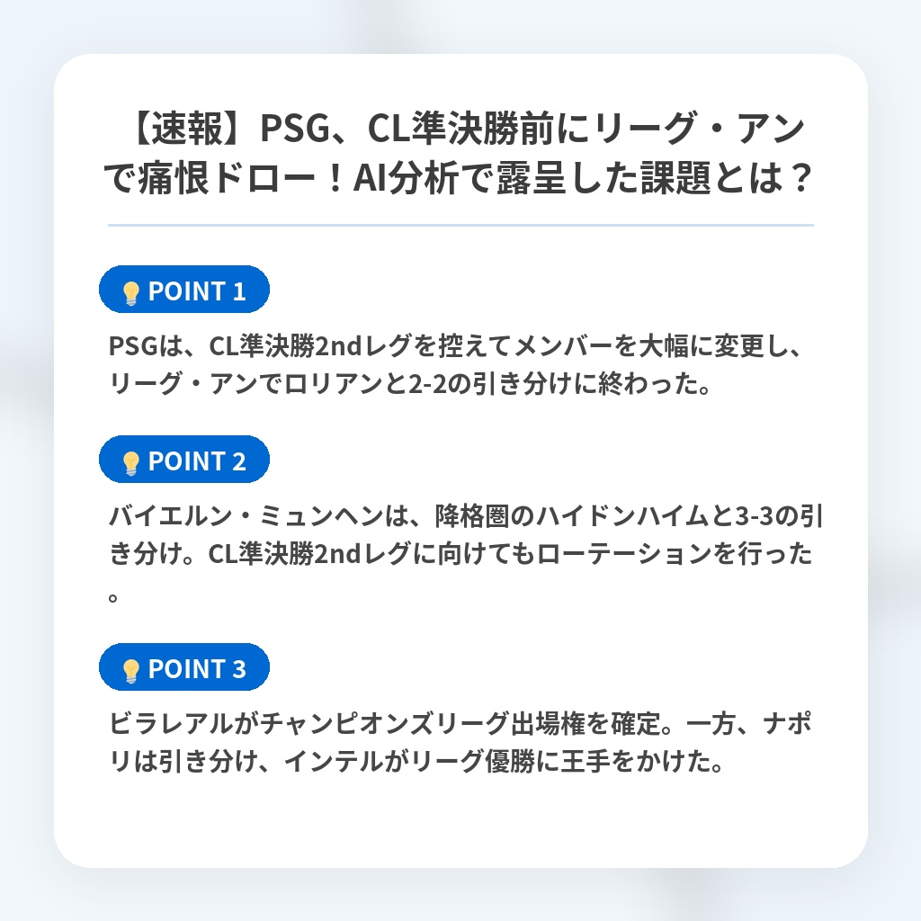 【速報】PSG、CL準決勝前にリーグ・アンで痛恨ドロー！AI分析で露呈した課題とは？の注目ポイントまとめ