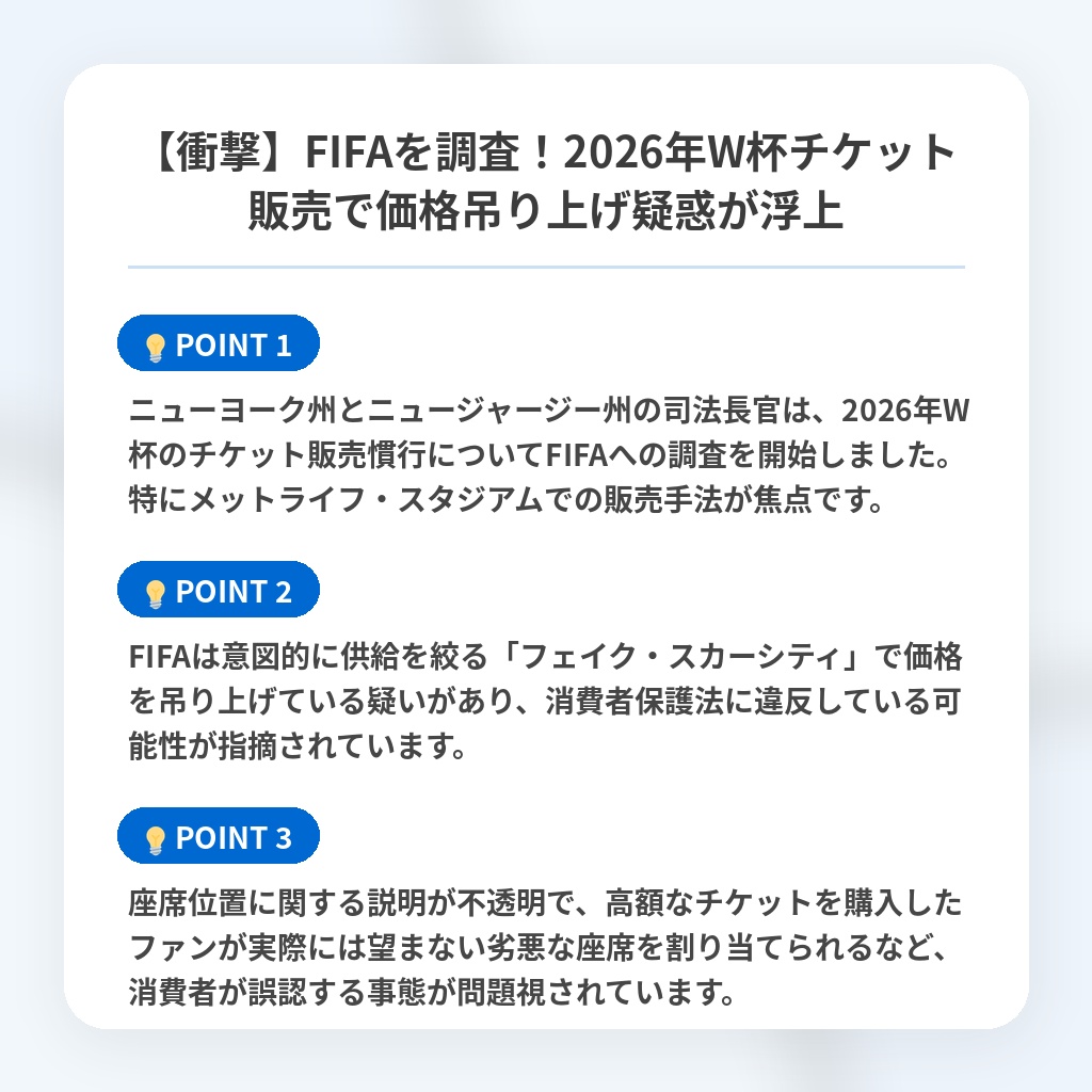 【衝撃】FIFAを調査!2026年W杯チケット販売で価格吊り上げ疑惑が浮上の注目ポイントまとめ