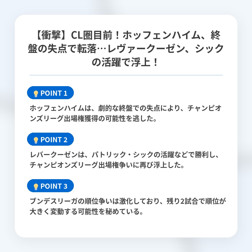 【衝撃】CL圏目前！ホッフェンハイム、終盤の失点で転落…レヴァークーゼン、シックの活躍で浮上！の注目ポイントまとめ