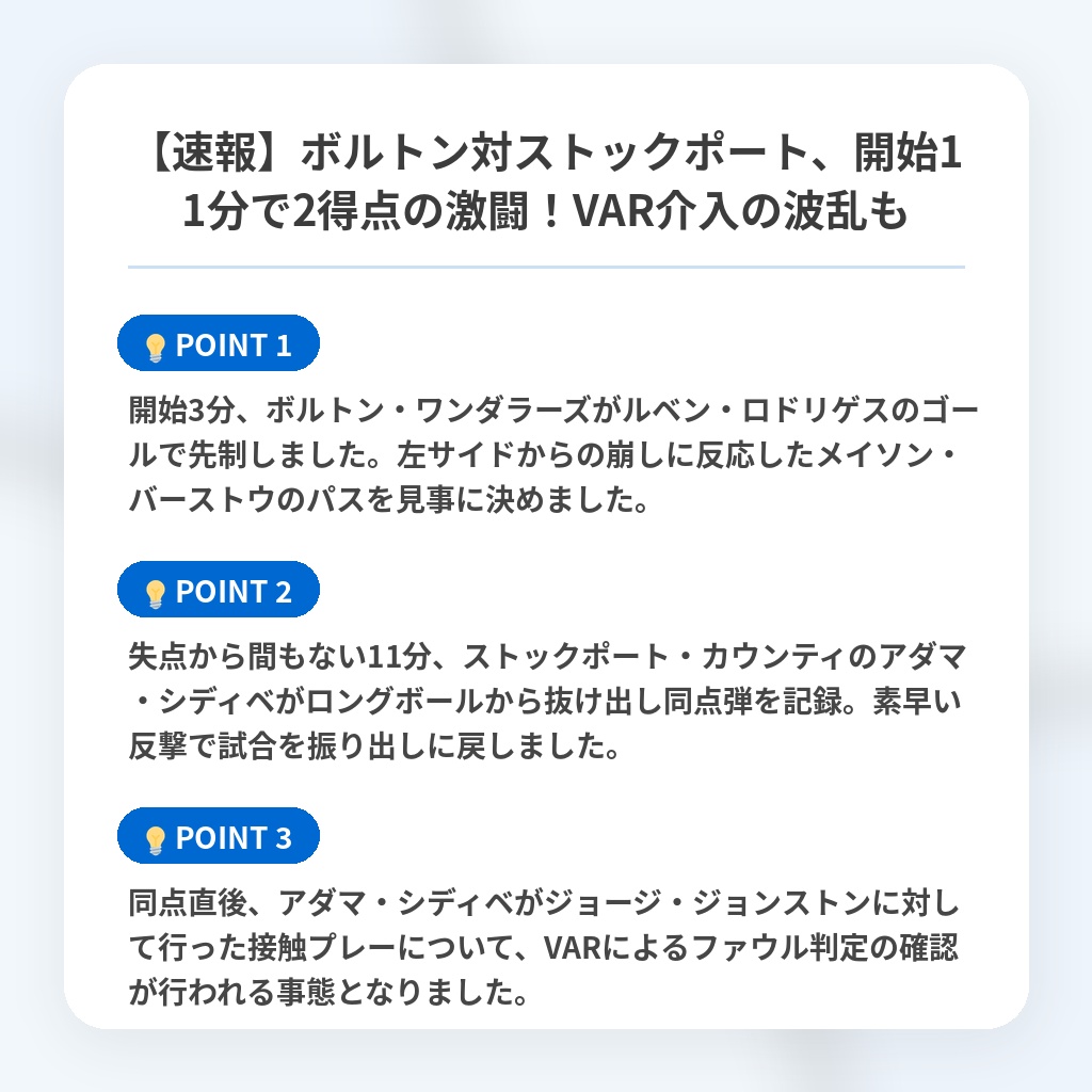 【速報】ボルトン対ストックポート、開始11分で2得点の激闘！VAR介入の波乱もの注目ポイントまとめ
