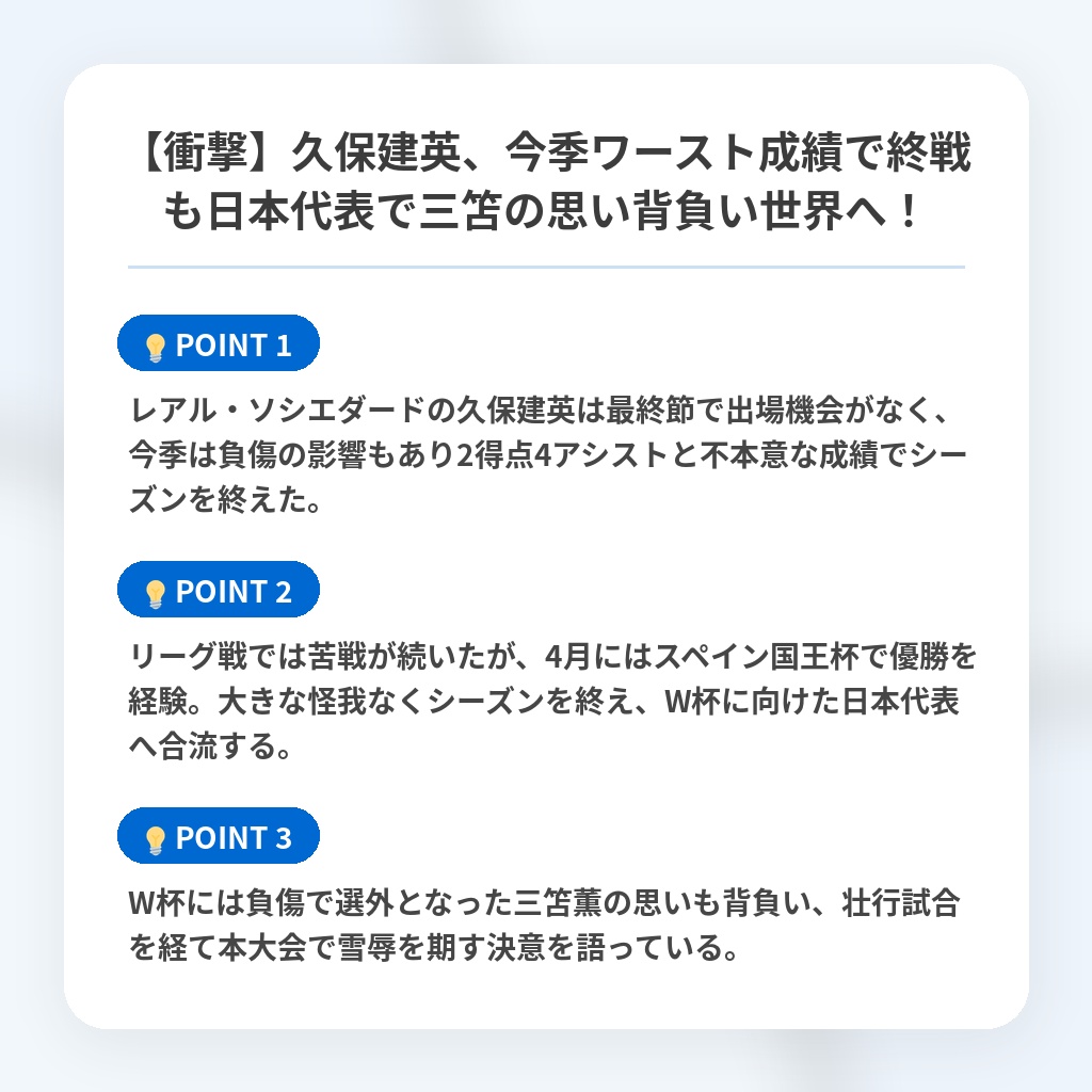 【衝撃】久保建英、今季ワースト成績で終戦も日本代表で三笘の思い背負い世界へ！の注目ポイントまとめ