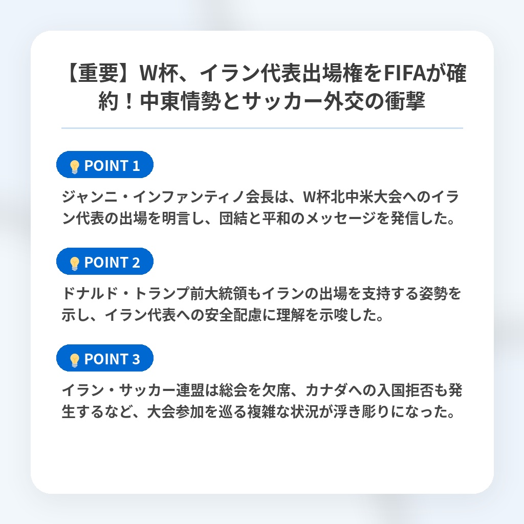 【重要】W杯、イラン代表出場権をFIFAが確約！中東情勢とサッカー外交の衝撃の注目ポイントまとめ