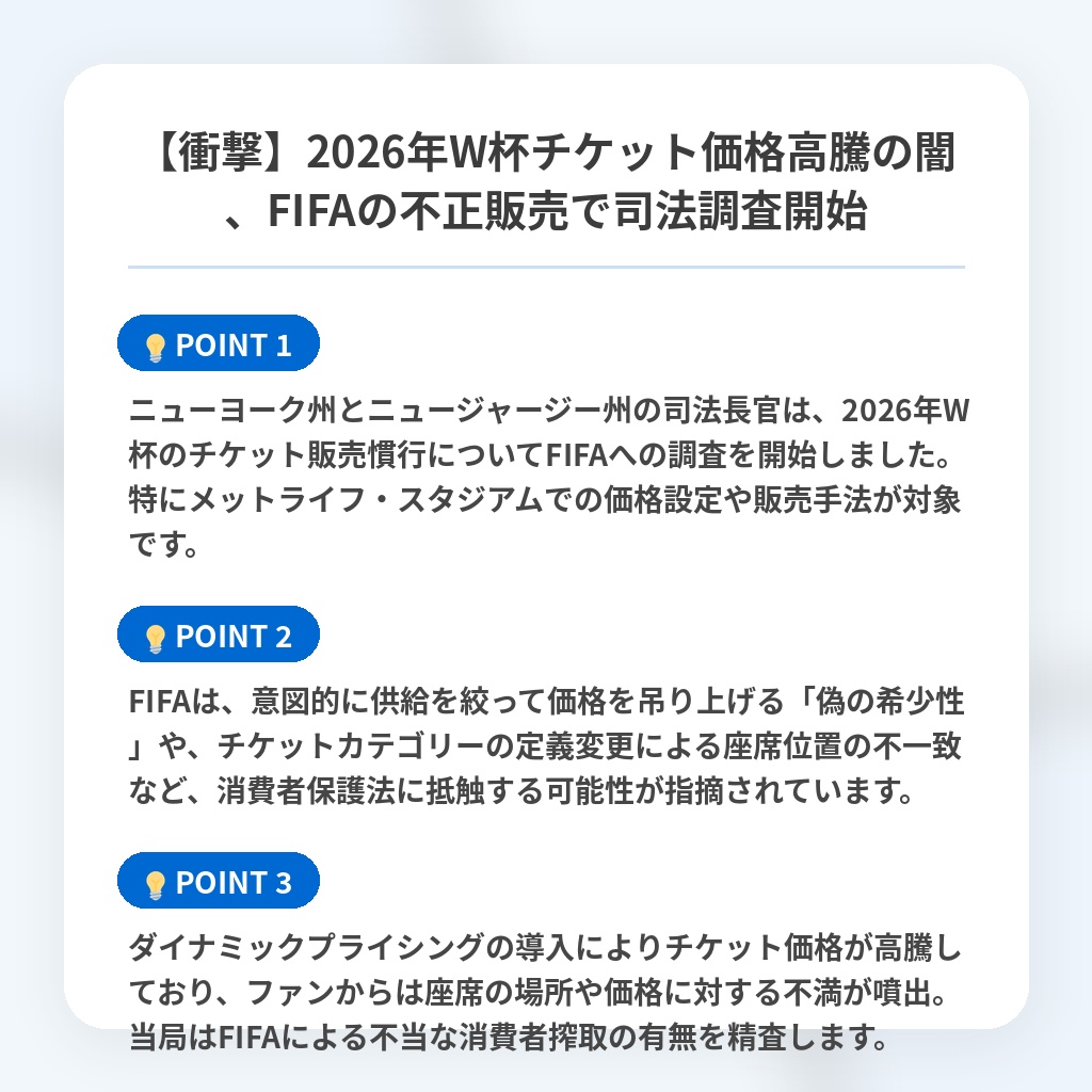 【衝撃】2026年W杯チケット価格高騰の闇、FIFAの不正販売で司法調査開始の注目ポイントまとめ