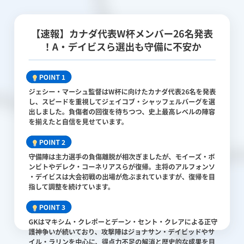 【速報】カナダ代表W杯メンバー26名発表!A・デイビスら選出も守備に不安かの注目ポイントまとめ