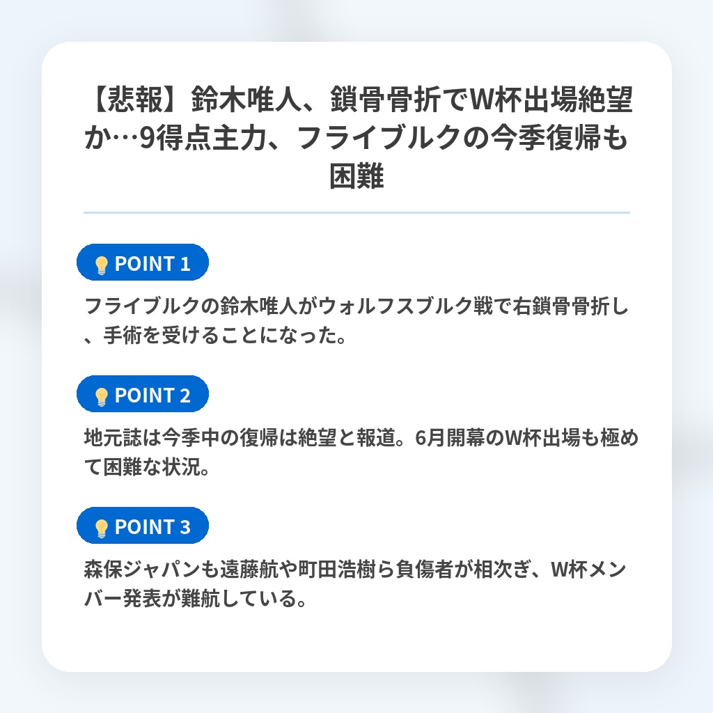 【悲報】鈴木唯人、鎖骨骨折でW杯出場絶望か…9得点主力、フライブルクの今季復帰も困難の注目ポイントまとめ