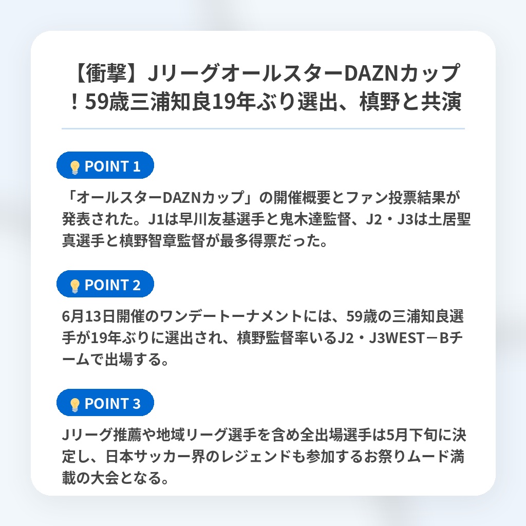 【衝撃】JリーグオールスターDAZNカップ！59歳三浦知良19年ぶり選出、槙野と共演の注目ポイントまとめ