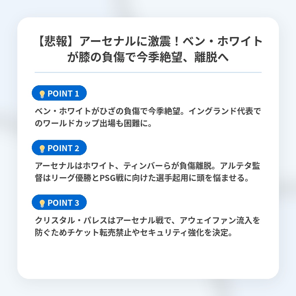 【悲報】アーセナルに激震!ベン・ホワイトが膝の負傷で今季絶望、離脱への注目ポイントまとめ