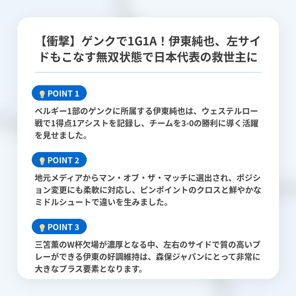 【衝撃】ゲンクで1G1A！伊東純也、左サイドもこなす無双状態で日本代表の救世主にの注目ポイントまとめ