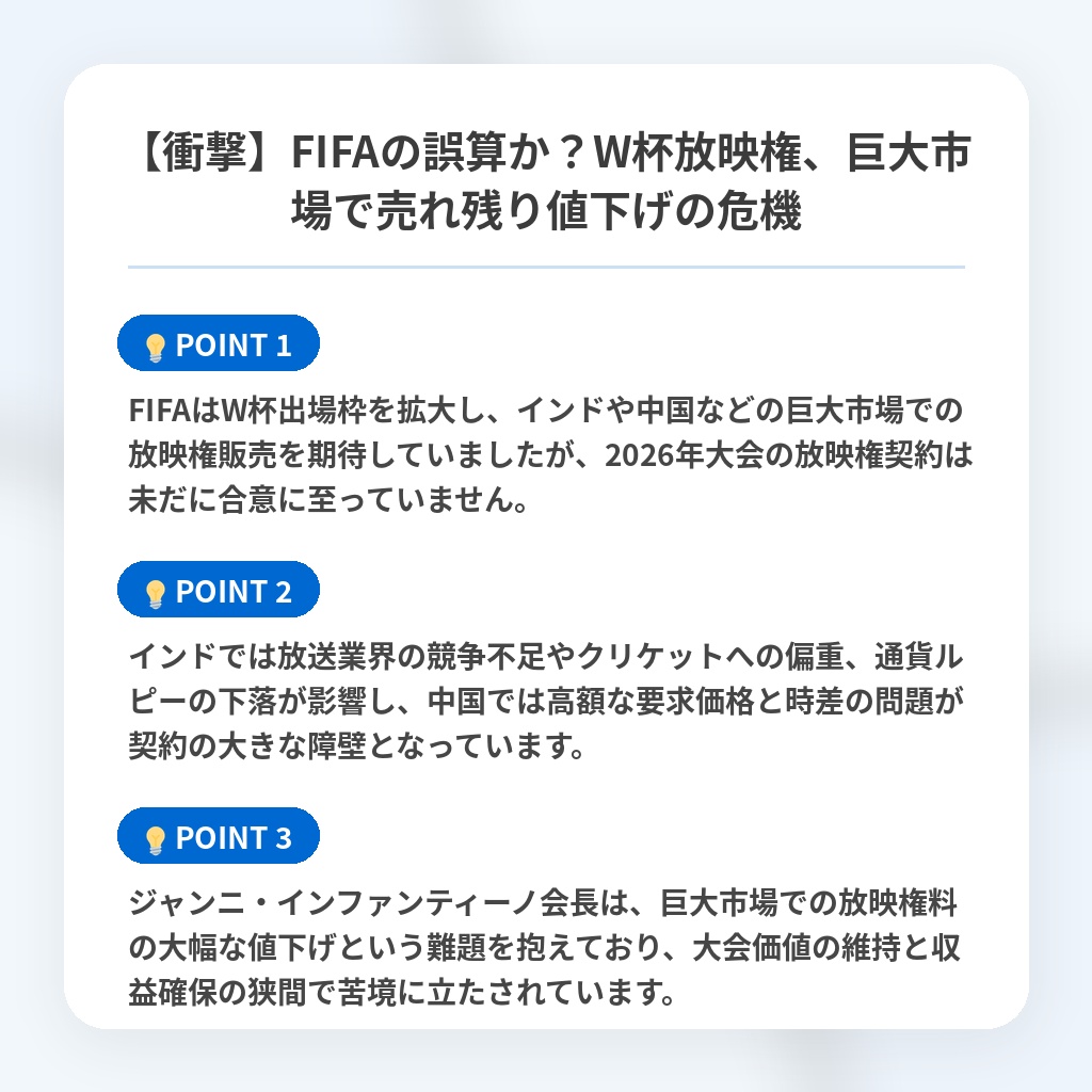 【衝撃】FIFAの誤算か?W杯放映権、巨大市場で売れ残り値下げの危機の注目ポイントまとめ