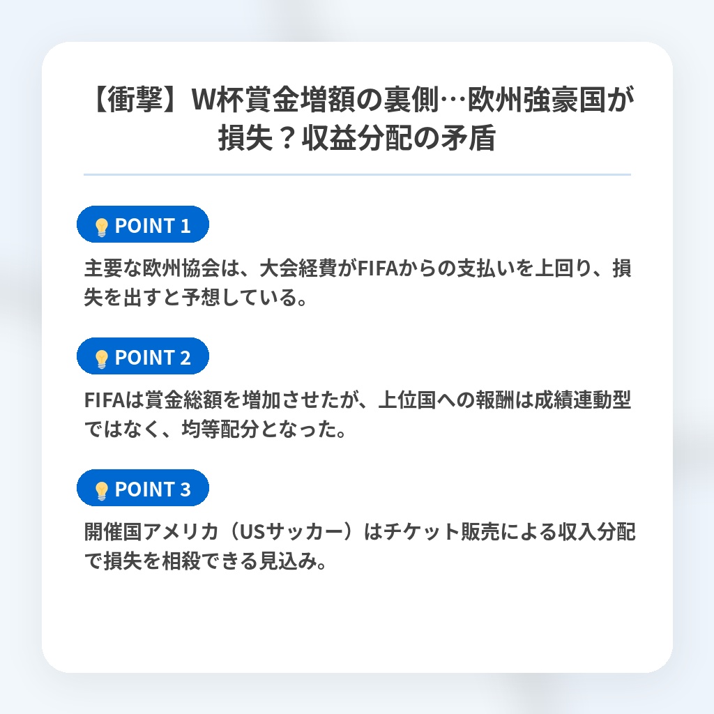 【衝撃】W杯賞金増額の裏側…欧州強豪国が損失？収益分配の矛盾の注目ポイントまとめ