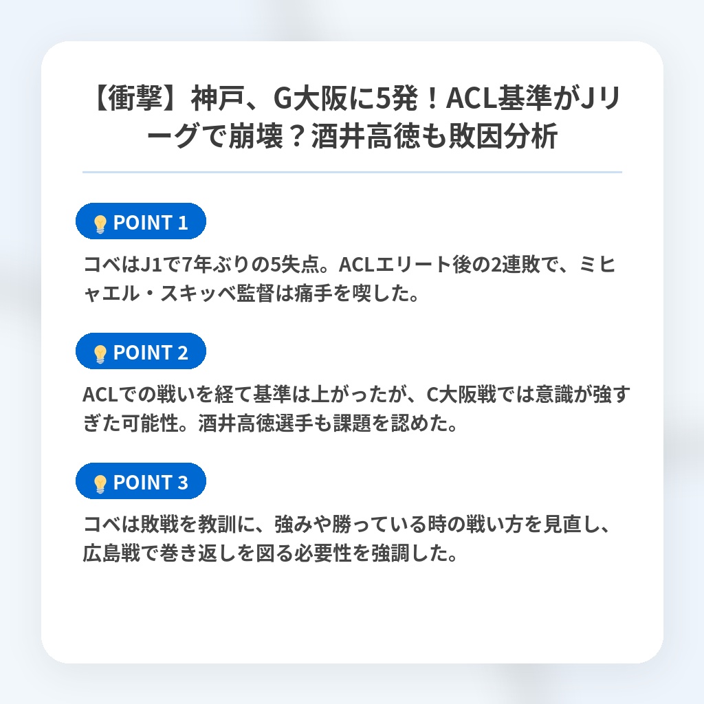 【衝撃】神戸、G大阪に5発！ACL基準がJリーグで崩壊？酒井高徳も敗因分析の注目ポイントまとめ