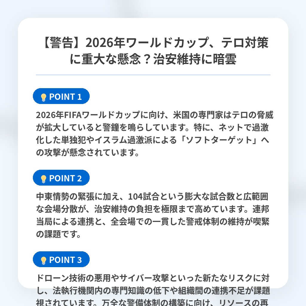 【警告】2026年ワールドカップ、テロ対策に重大な懸念？治安維持に暗雲の注目ポイントまとめ