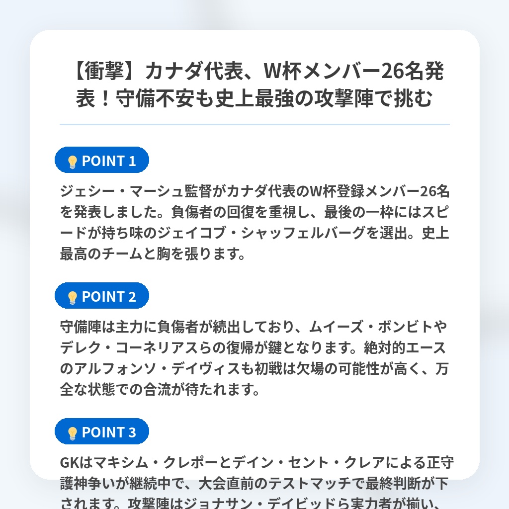 【衝撃】カナダ代表、W杯メンバー26名発表！守備不安も史上最強の攻撃陣で挑むの注目ポイントまとめ