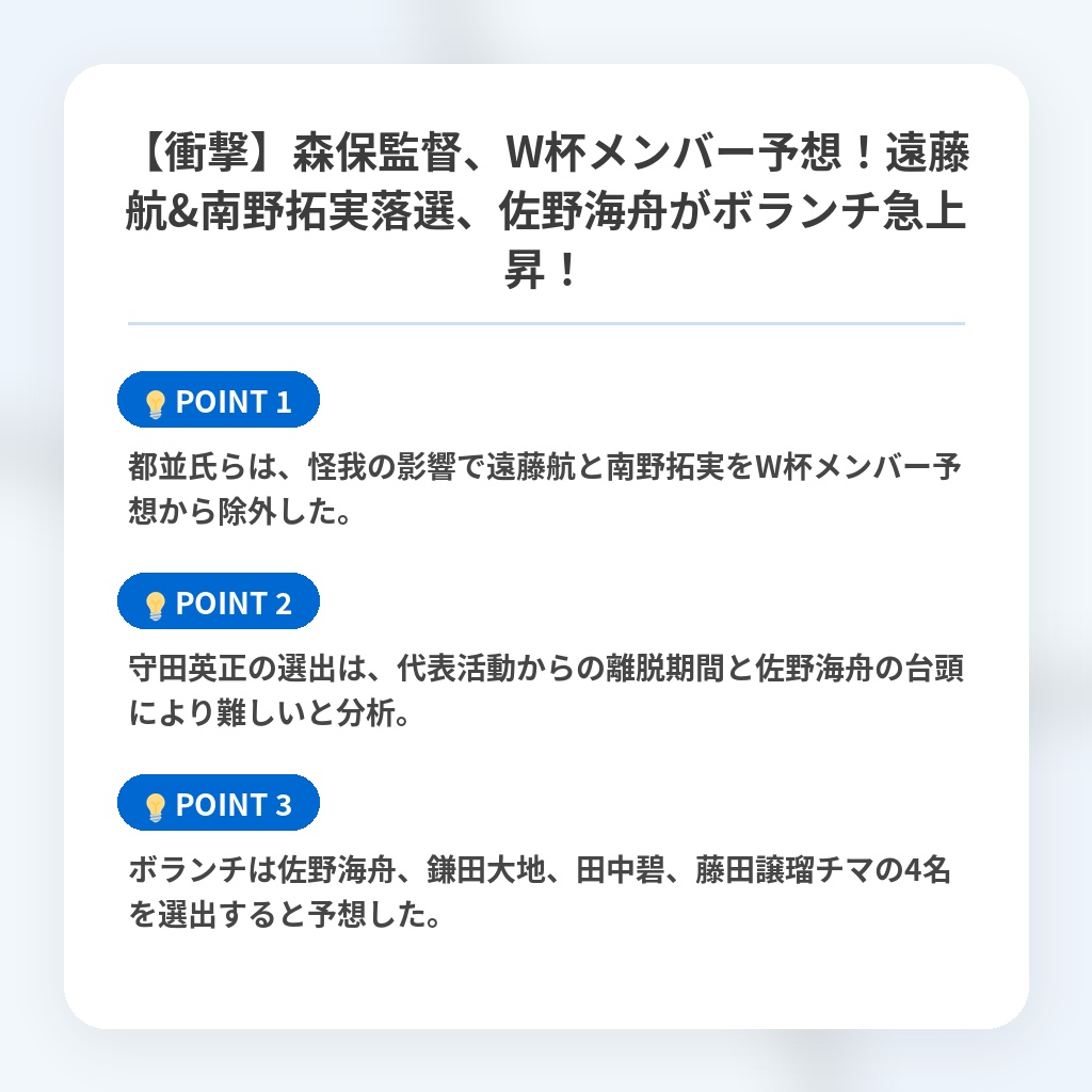 【衝撃】森保監督、W杯メンバー予想！遠藤航&南野拓実落選、佐野海舟がボランチ急上昇！の注目ポイントまとめ