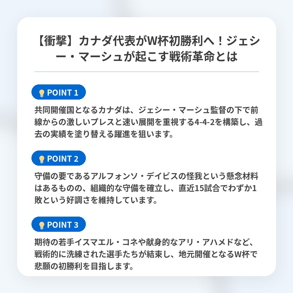 【衝撃】カナダ代表がW杯初勝利へ!ジェシー・マーシュが起こす戦術革命とはの注目ポイントまとめ