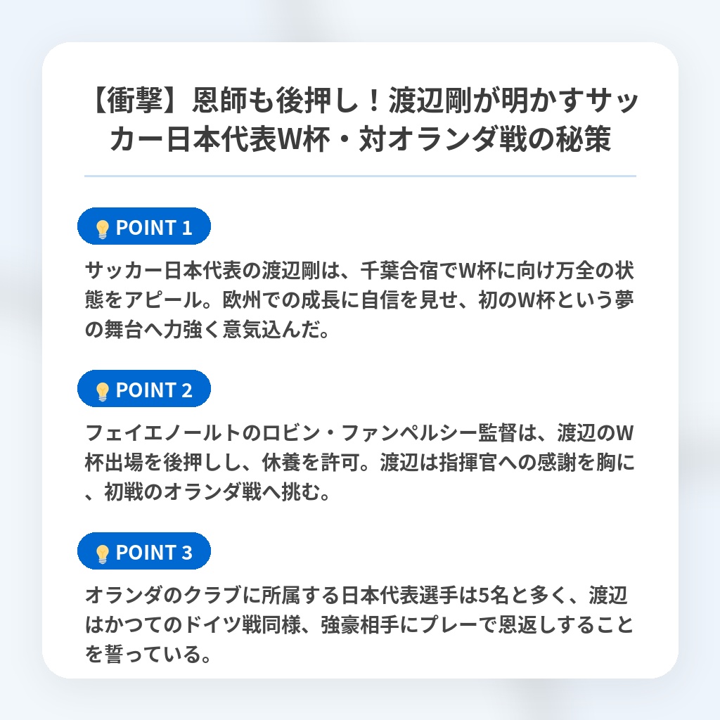 【衝撃】恩師も後押し!渡辺剛が明かすサッカー日本代表W杯・対オランダ戦の秘策の注目ポイントまとめ
