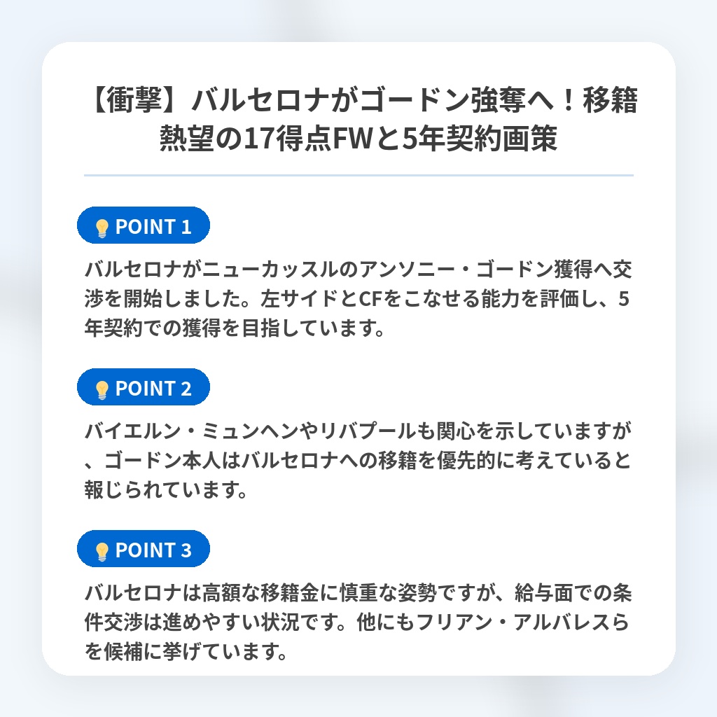【衝撃】バルセロナがゴードン強奪へ!移籍熱望の17得点FWと5年契約画策の注目ポイントまとめ